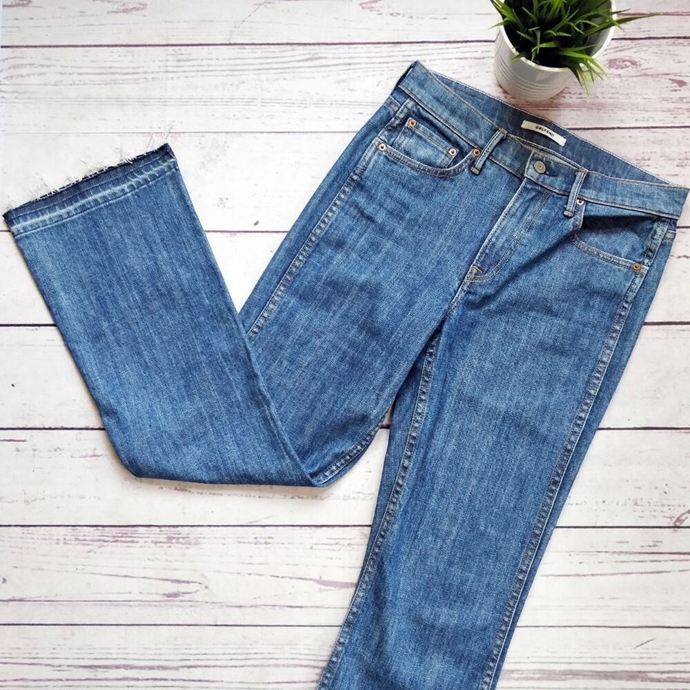 GRLFRND The Joan Ankle Flare Raw Hem High Rise Jeans Blue 26